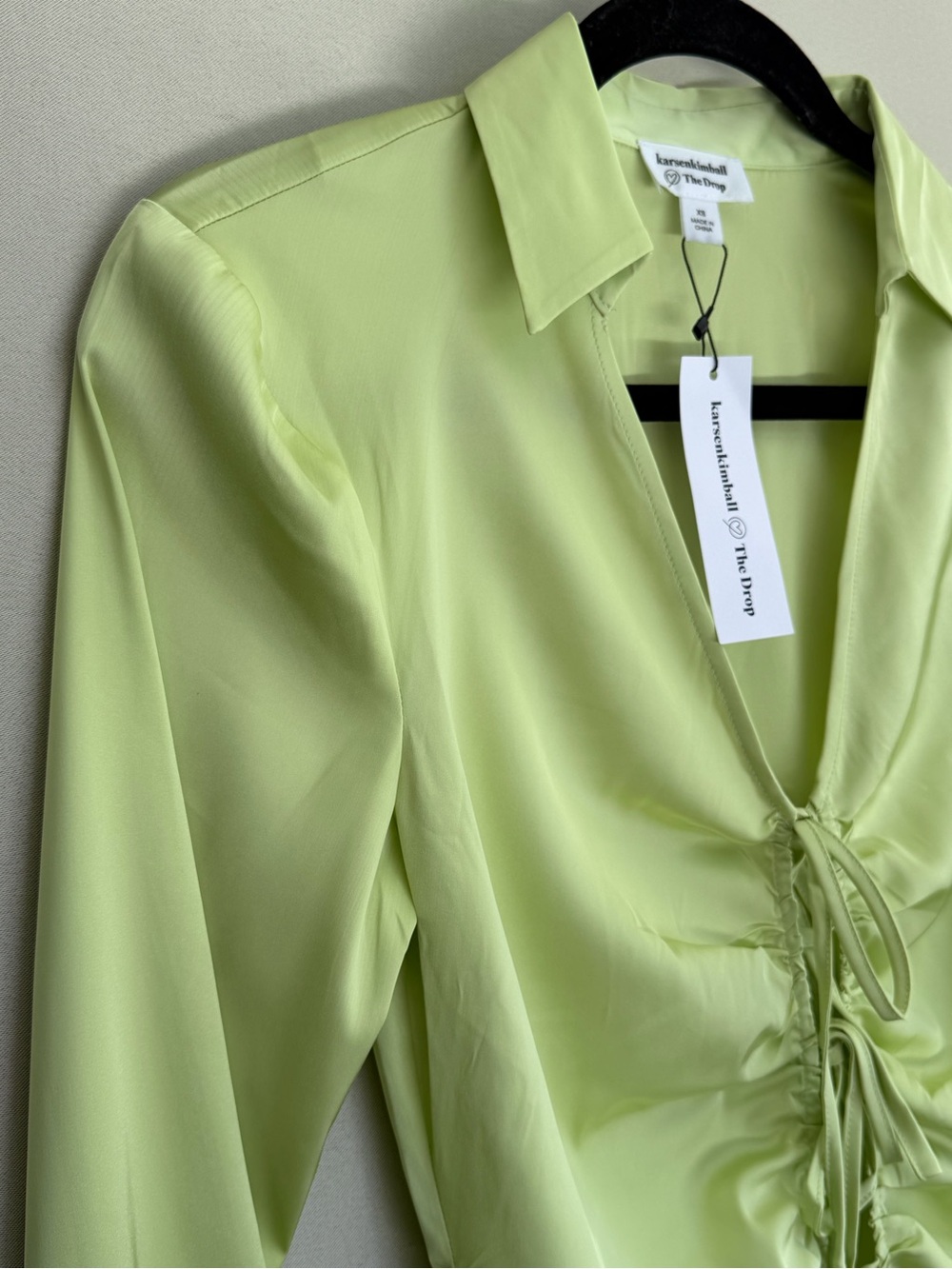 The Drop x Karen Kimball Lime Ruched Tie Front Satin Blouse Women’s XS NWT - Picture 9 of 12